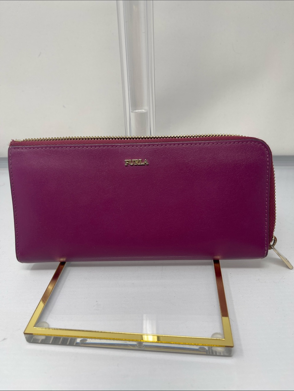 Furla Magenta Zip-Around Leather Wallet with Gold Hardware